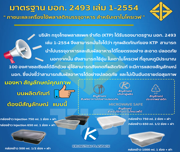 กรุงไทย พลาสแพค ได้รับรองมาตรฐานผลิตภัณฑ์อุตสาหกรรม (มอก.) 2493 เล่ม 1-2554 ภาชนะพลาสติกบรรจุอาหารสำหรับเตาไมโครเวฟ
